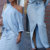 Icone™ FashionSet: Stilfuld Off-Shoulder Top Og Denimnederdel