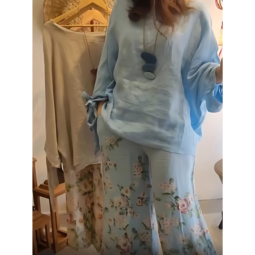 Icone™ LooseSet: Løs Langærmet Bluse Og Blomsterbukser Til Kvinder