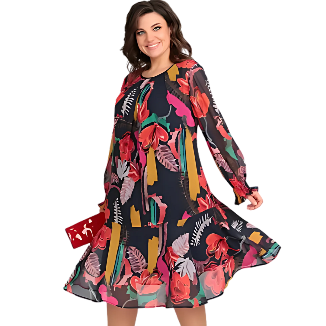 Icone™ FlowerDress: Langærmet Løs Pasform Blomsterprint Kjole