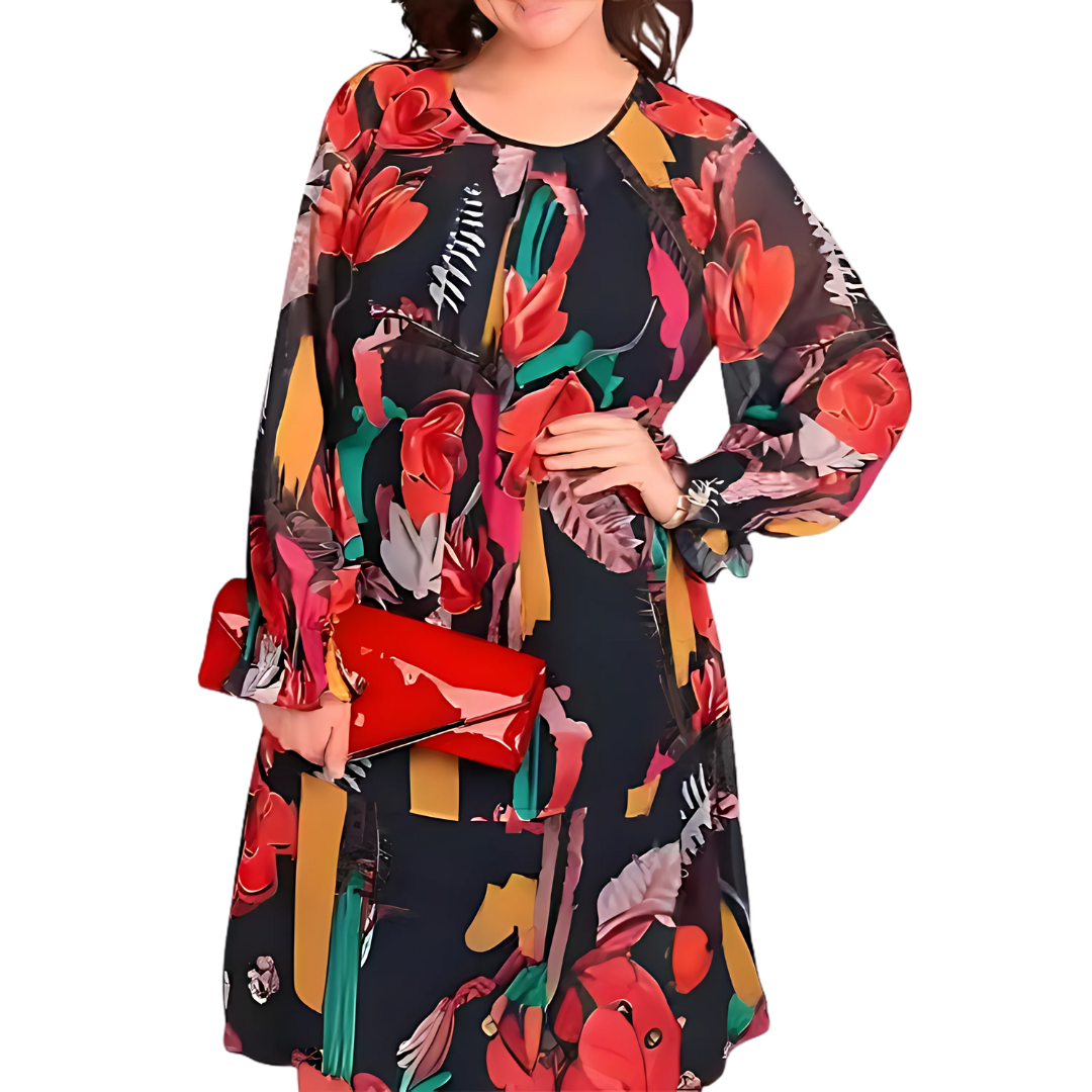 Icone™ FlowerDress: Langærmet Løs Pasform Blomsterprint Kjole