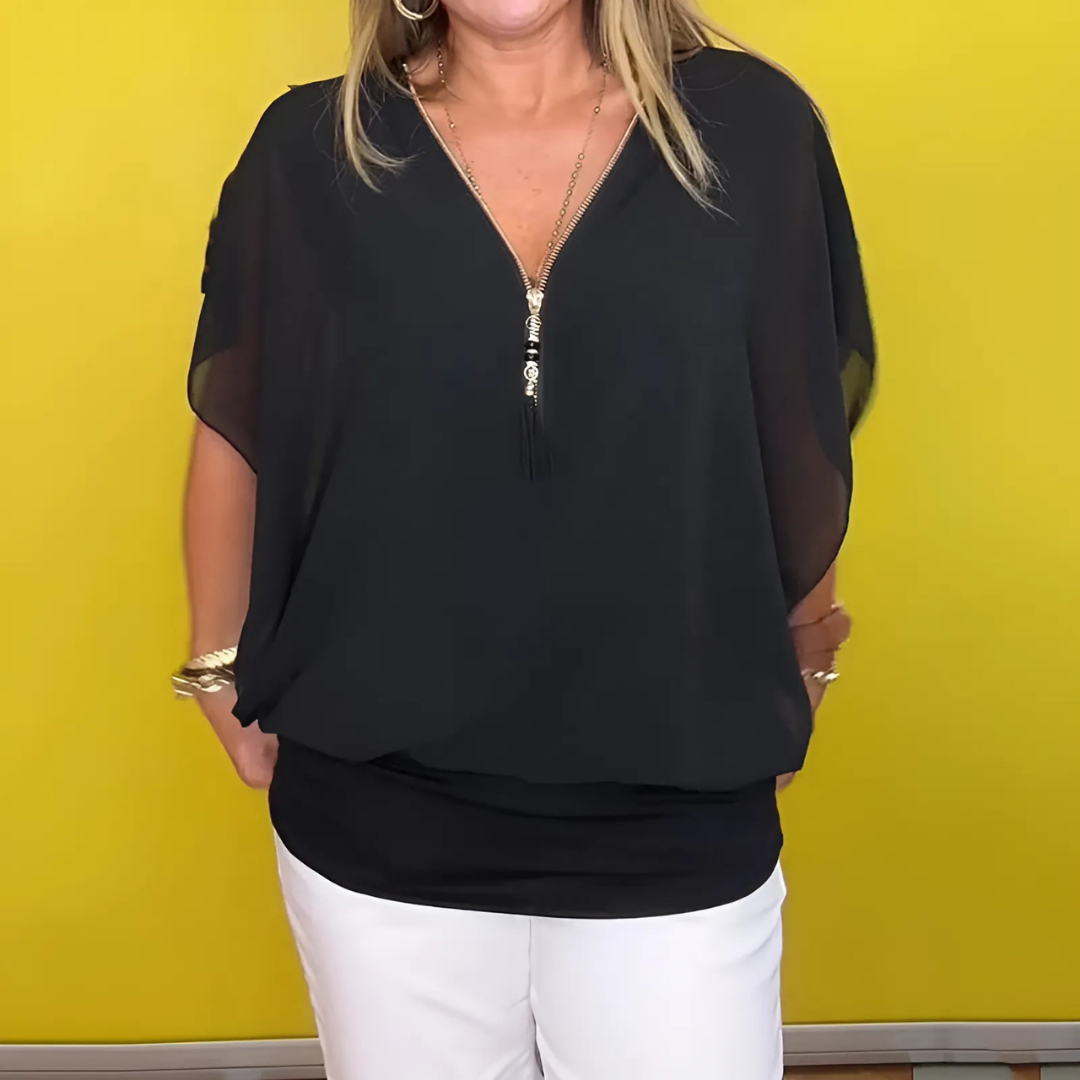 Icone™ LooseBlouse: Komfortabel V-Hals Med Lynlås Løs Bluse Til Kvinder