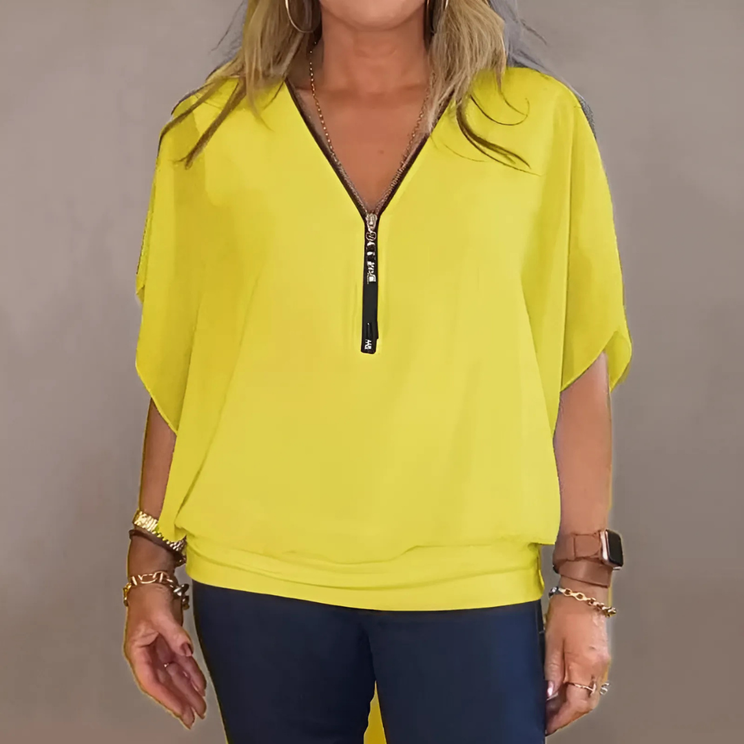 Icone™ LooseBlouse: Komfortabel V-Hals Med Lynlås Løs Bluse Til Kvinder