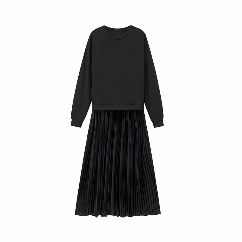 Icone™ PleatedDress: Langærmet Top Med Elegant Plisseret Nederdel Kjole