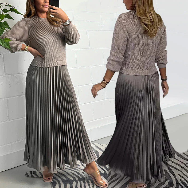 Icone™ PleatedDress: Langærmet Top Med Elegant Plisseret Nederdel Kjole