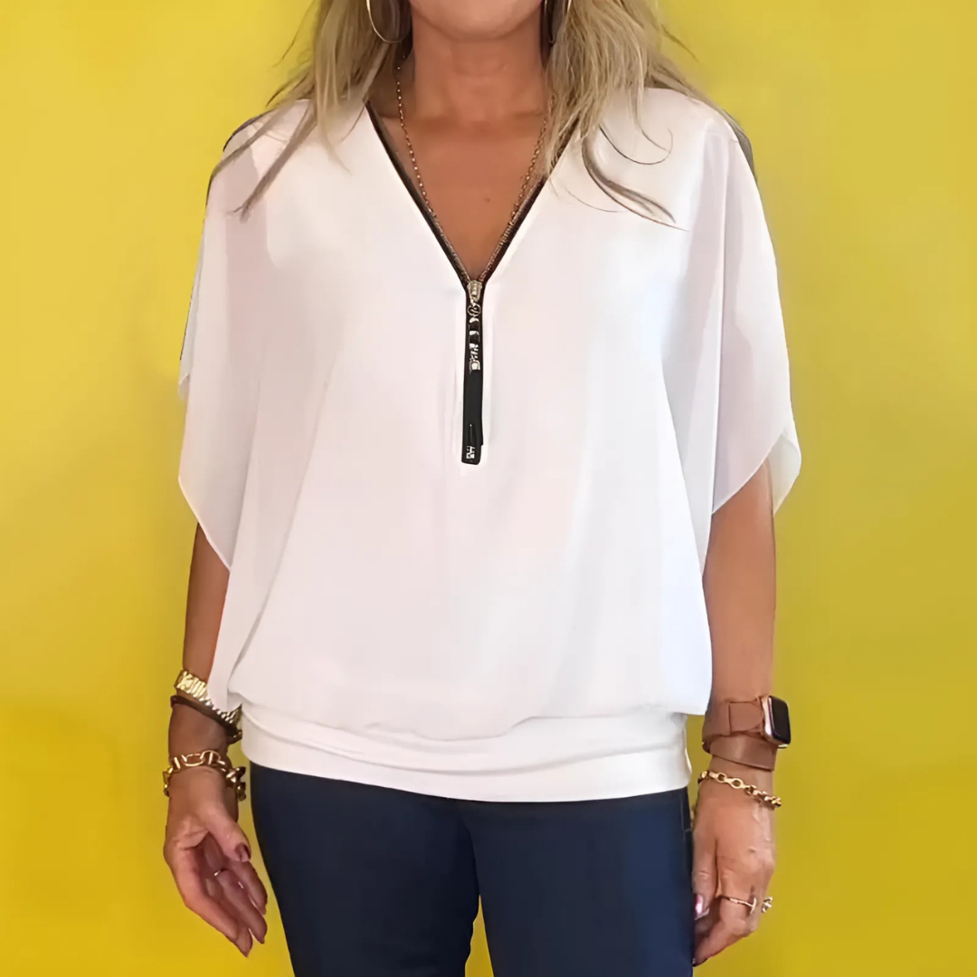 Icone™ LooseBlouse: Komfortabel V-Hals Med Lynlås Løs Bluse Til Kvinder