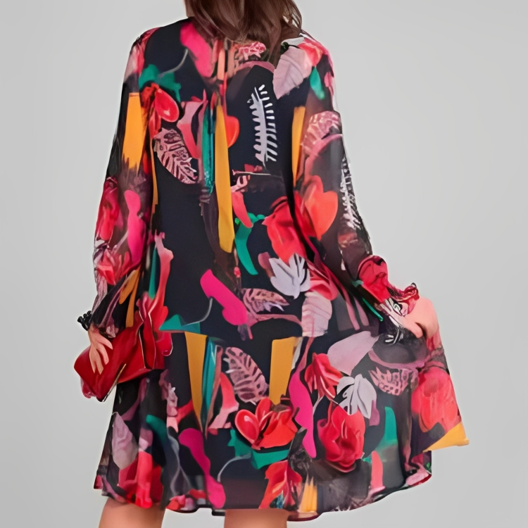 Icone™ FlowerDress: Langærmet Løs Pasform Blomsterprint Kjole