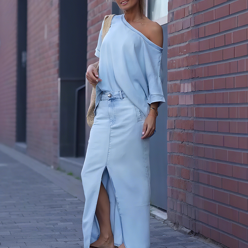 Icone™ FashionSet: Stilfuld Off-Shoulder Top Og Denimnederdel