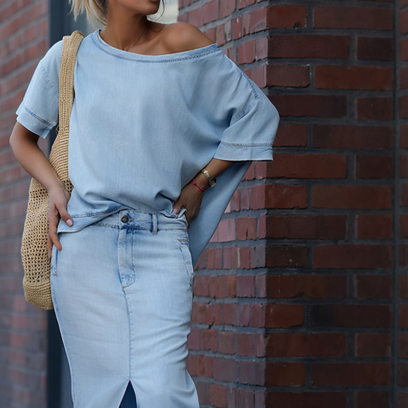 Icone™ FashionSet: Stilfuld Off-Shoulder Top Og Denimnederdel